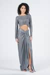 Buy_S&N by Shantnu Nikhil_Grey Silver Lurex Draped Skirt _at_Aza_Fashions