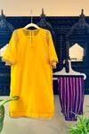 Shop_Rage Attire-Sweta Saria_Yellow Organza, Taffeta, Chanderi Flower And Peacock Embroidered Kurta With Pant _at_Aza_Fashions