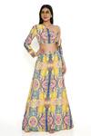 Buy_Payal Singhal_Yellow Crepe Embroidery Floral Asymmetric Neck Abstract Print Top With Skirt _at_Aza_Fashions