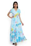 Buy_Payal Singhal_Blue Georgette Print Paint Brush Effect V Neck Maxi Dress _at_Aza_Fashions