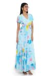 Payal Singhal_Blue Georgette Print Paint Brush Effect V Neck Maxi Dress _Online_at_Aza_Fashions