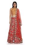 Payal Singhal_Red Dupion Silk Embroidery Floral Stand Collar Flower Vine Lehenga Set _at_Aza_Fashions