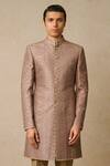Tarun Tahiliani_Beige Silk Stones, Embroidery Floral Print And Sherwani Set_Online_at_Aza_Fashions