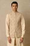 Buy_Tarun Tahiliani_Beige Georgette Embroidered Chikankari Work And Printed Waistcoat _Online_at_Aza_Fashions