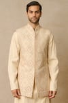 Buy_Tarun Tahiliani_Ivory Raw Silk Embroidered Geometric Waistcoat _Online_at_Aza_Fashions