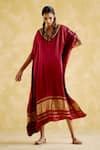 Buy_5elements_Maroon Modal, Satin Embroidery V-neck Amor Ghungroo Embellished Neckline Kaftan _at_Aza_Fashions