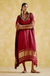 Shop_5elements_Maroon Modal, Satin Embroidery V-neck Amor Ghungroo Embellished Neckline Kaftan _Online_at_Aza_Fashions