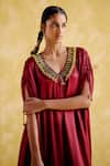 5elements_Maroon Modal, Satin Embroidery V-neck Amor Ghungroo Embellished Neckline Kaftan _at_Aza_Fashions
