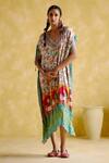 Buy_5Elements_Blue Modal Satin Lagdi Patta Embellished Linus Lotus And Bull Print Kaftan _at_Aza_Fashions