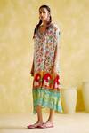 5Elements_Blue Modal Satin Lagdi Patta Embellished Linus Lotus And Bull Print Kaftan _Online_at_Aza_Fashions