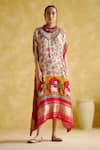 Buy_5elements_Pink Modal, Satin Embroidery V-neck Linus Padma Print Kaftan _at_Aza_Fashions