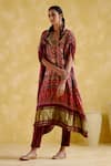 5elements_Maroon Modal, Satin Embroidery V-neck Tychon Traditional Print Kaftan _Online_at_Aza_Fashions