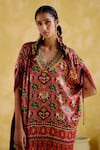 Shop_5elements_Maroon Modal, Satin Embroidery V-neck Tychon Traditional Print Kaftan _Online_at_Aza_Fashions