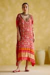 Buy_5elements_Red Modal, Satin, Lace Embroidery V-neck Advaita Traditional Motif Print Kaftan _at_Aza_Fashions