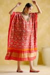 Shop_5elements_Red Modal, Satin, Lace Embroidery V-neck Advaita Traditional Motif Print Kaftan _at_Aza_Fashions