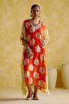 Buy_5Elements_Orange Modal Satin Lagdi Patta Amrapali Tie Dye Floral Pattern Kaftan _at_Aza_Fashions