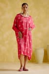 Buy_5elements_Pink Modal, Satin Pom-poms Round Neck Annapoorna Bandhani Tie Dye Kaftan _at_Aza_Fashions