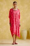 5elements_Pink Modal, Satin Pom-poms Round Neck Annapoorna Bandhani Tie Dye Kaftan _Online_at_Aza_Fashions