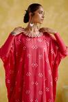 5elements_Pink Modal, Satin Pom-poms Round Neck Annapoorna Bandhani Tie Dye Kaftan _at_Aza_Fashions