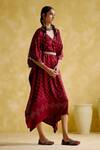 Buy_5elements_Maroon Modal, Satin Embroidery V-neck Annika Bandhani Print Kaftan With Belt _Online_at_Aza_Fashions