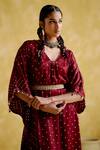 Shop_5elements_Maroon Modal, Satin Embroidery V-neck Annika Bandhani Print Kaftan With Belt _Online_at_Aza_Fashions