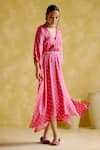 5elements_Pink Modal V-neck Annika Bandhani Pattern Kaftan With Belt _Online_at_Aza_Fashions