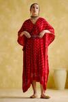 5elements_Red Modal Embroidery, Beads V-neck Annika V Kaftan With Belt _Online_at_Aza_Fashions