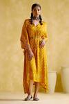 Buy_5elements_Yellow Modal, Satin Embroidery V-neck Annika Flared Sleeve Kaftan With Belt _at_Aza_Fashions