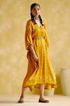 5elements_Yellow Modal, Satin Embroidery V-neck Annika Flared Sleeve Kaftan With Belt _Online_at_Aza_Fashions