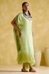 Buy_5elements_Green Modal, Satin Gota Patti V-neck Anuradha Bandhani Pattern Kaftan _Online_at_Aza_Fashions