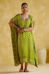 Buy_5elements_Green Modal, Satin Embroidery V-neck Dakshayani Bandhani Pattern Kaftan _at_Aza_Fashions