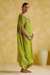 5elements_Green Modal, Satin Embroidery V-neck Dakshayani Bandhani Pattern Kaftan _Online_at_Aza_Fashions