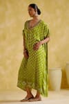 Buy_5elements_Green Modal, Satin Embroidery V-neck Dakshayani Bandhani Pattern Kaftan _Online_at_Aza_Fashions