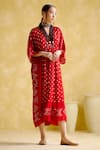 Buy_5Elements_Red Modal Satin Lagdi Patta Printed Bandhani V Devadarsana Handcrafted Kaftan _at_Aza_Fashions