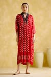 5Elements_Red Modal Satin Lagdi Patta Printed Bandhani V Devadarsana Handcrafted Kaftan _Online_at_Aza_Fashions