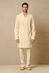 Buy_Tarun Tahiliani_Ivory Katan Silk Textured Kurta With Trouser _at_Aza_Fashions