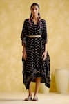 5elements_Black Modal Sequins V-neck Annika Printed Kaftan With Belt _at_Aza_Fashions