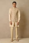 Buy_Tarun Tahiliani_Beige Georgette Embroidered Chikankari Work And Printed Waistcoat _at_Aza_Fashions