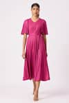 Buy_Scarlet Sage_Magenta Polyester Ingrid Pleated Bell Sleeve Dress With Belt _at_Aza_Fashions