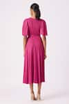 Shop_Scarlet Sage_Magenta Polyester Ingrid Pleated Bell Sleeve Dress With Belt _at_Aza_Fashions