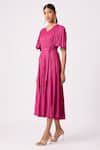 Scarlet Sage_Magenta Polyester Ingrid Pleated Bell Sleeve Dress With Belt _Online_at_Aza_Fashions