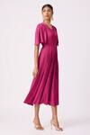 Buy_Scarlet Sage_Magenta Polyester Ingrid Pleated Bell Sleeve Dress With Belt _Online_at_Aza_Fashions