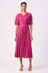 Shop_Scarlet Sage_Magenta Polyester Ingrid Pleated Bell Sleeve Dress With Belt _Online_at_Aza_Fashions