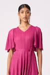 Scarlet Sage_Magenta Polyester Ingrid Pleated Bell Sleeve Dress With Belt _at_Aza_Fashions