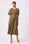 Buy_Scarlet Sage_Green Polyester V-neck Ingrid Pleated Flowy Dress With Belt_at_Aza_Fashions