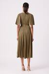 Shop_Scarlet Sage_Green Polyester V-neck Ingrid Pleated Flowy Dress With Belt_at_Aza_Fashions