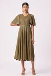 Shop_Scarlet Sage_Green Polyester V-neck Ingrid Pleated Flowy Dress With Belt_Online_at_Aza_Fashions