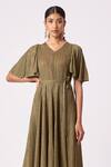Scarlet Sage_Green Polyester V-neck Ingrid Pleated Flowy Dress With Belt_at_Aza_Fashions