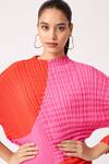 Buy_Scarlet Sage_Red Polyester High Neck Aspen Colorblock Pleated Top And Skirt Set_Online_at_Aza_Fashions