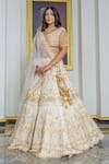 Buy_Tamaraa By Tahani_Gold Silk Organza Hand Embroidered Sequin Leaf Neck Vintage Bridal Lehenga Set _at_Aza_Fashions